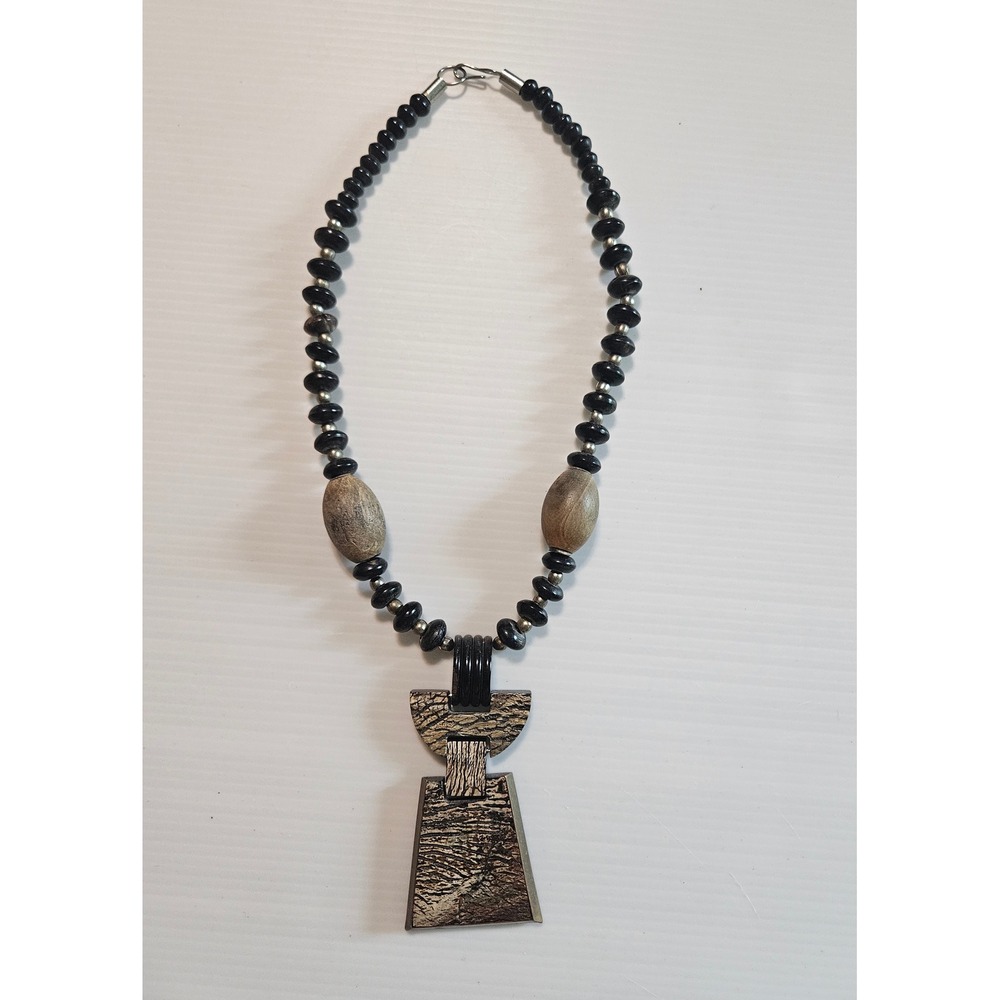 Boho geometric pendant necklace | Wood‑look texture | 12" | Lightweight 2 oz